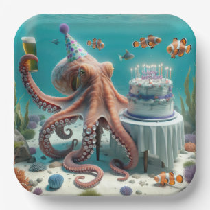 Assiettes En Carton Octopus d'anniversaire avec une bière