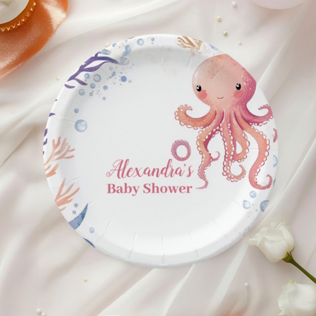 Assiettes En Carton Octopus mignonne fille d'aquarelle rose (Créateur téléchargé)