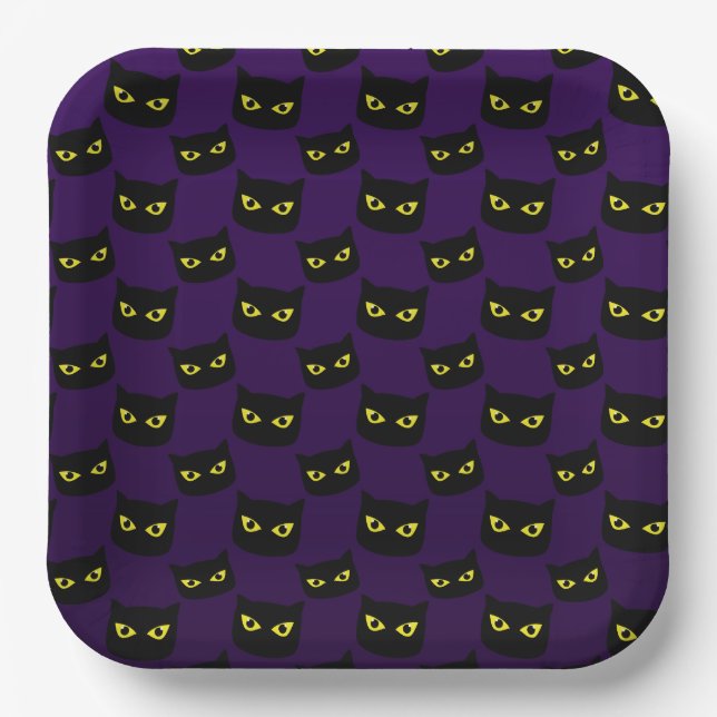 Assiettes En Carton Oeil jaune de chat noir et violet motif Halloween (Recto)
