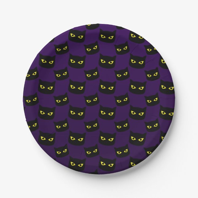 Assiettes En Carton Oeil jaune de chat noir et violet motif Halloween (Devant)