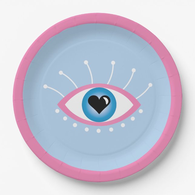 Assiettes En Carton Oeil mal grec avec cils rose bleu (Devant)