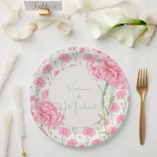 Assiettes En Carton Œillet Rose Personnalisé Mariage