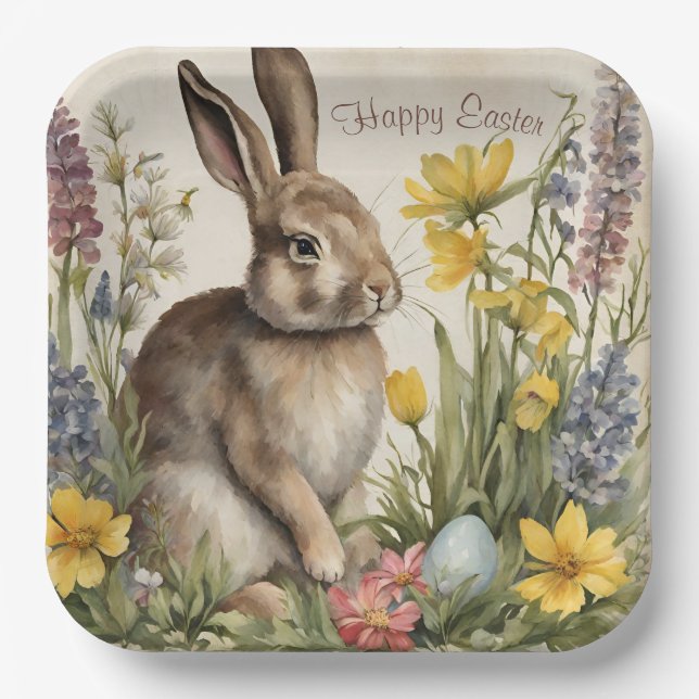 Assiettes En Carton Oeuf lapin de Pâques Floral (Recto)