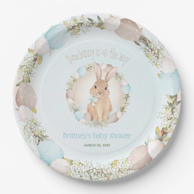 Assiettes En Carton Oeufs de Pâques Cute Bunny Printemps Bleu Baby sho (Devant)