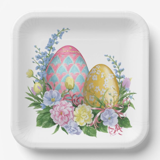 Assiettes En Carton Oeufs de Pâques et fleurs (Recto)