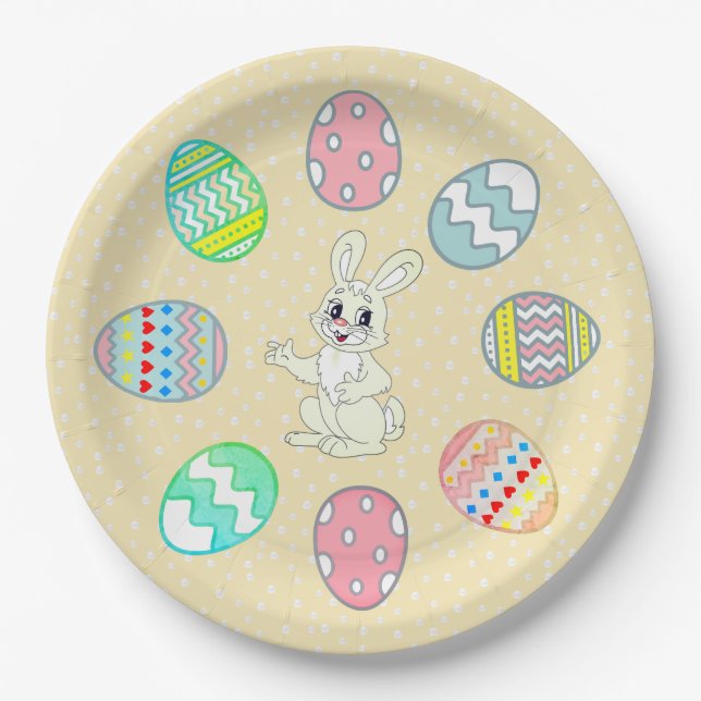 Assiettes En Carton Oeufs de Pâques peints et lapin (Devant)