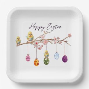 Assiettes En Carton Oeufs de Pâques sur la branche de floraison Joyeux