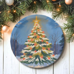 Assiettes En Carton Oh Arbre de Noël Peinture Aquarelle Fête