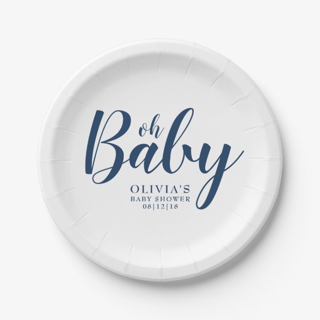 Assiettes En Carton Oh Baby - Baby shower bleu marine (Devant)