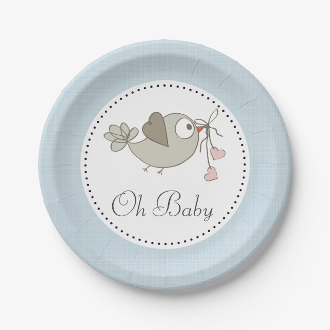 Assiettes En Carton Oh Baby Bird Baby shower bleu (Devant)