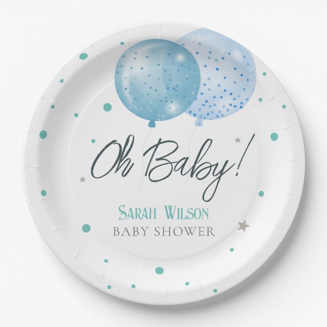 Assiettes En Carton Oh Baby Blue Balloons Baby shower garçon (Devant)