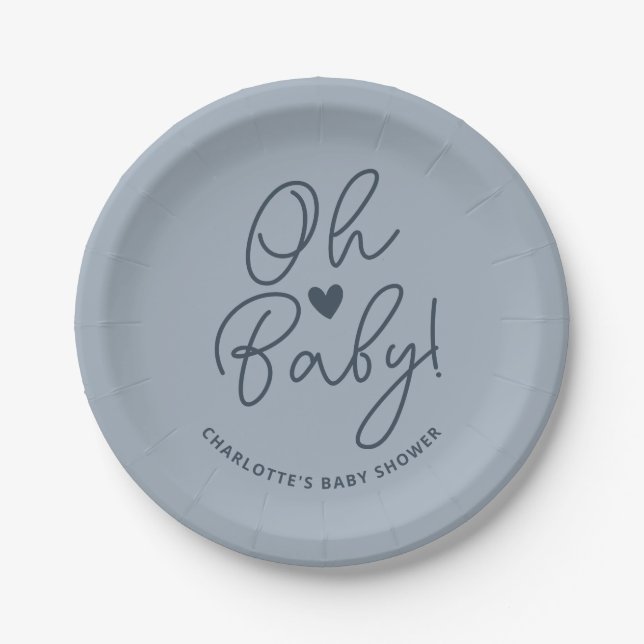 Assiettes En Carton Oh Baby moderne Dusty Blue Baby shower garçon pers (Devant)