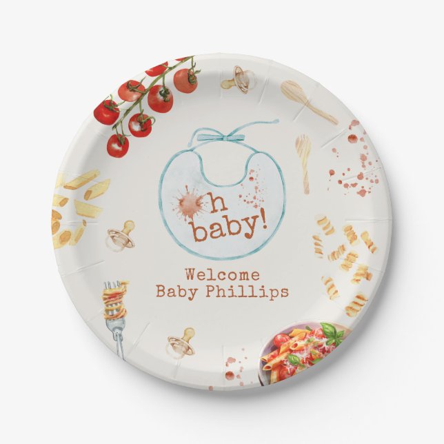 Assiettes En Carton Oh Baby Pasta & Pacificateurs Baby shower bleu (Devant)