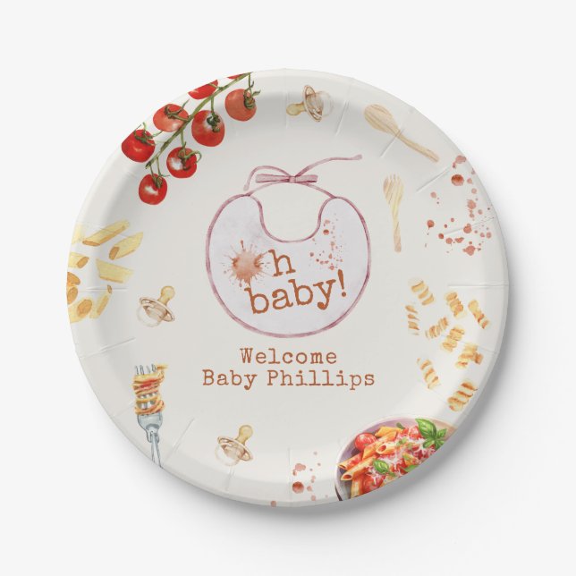 Assiettes En Carton Oh Baby Pasta & Pacificateurs Baby shower rose (Devant)