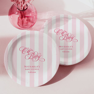 Assiettes En Carton Oh Bébé Écriture Élégante et Rayures Baby Shower