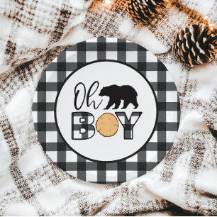 Assiettes En Carton Oh Boy Bear noir Buffalo Plaid Baby shower