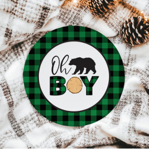 Assiettes En Carton Oh Boy Bear vert Buffalo Plaid Baby shower