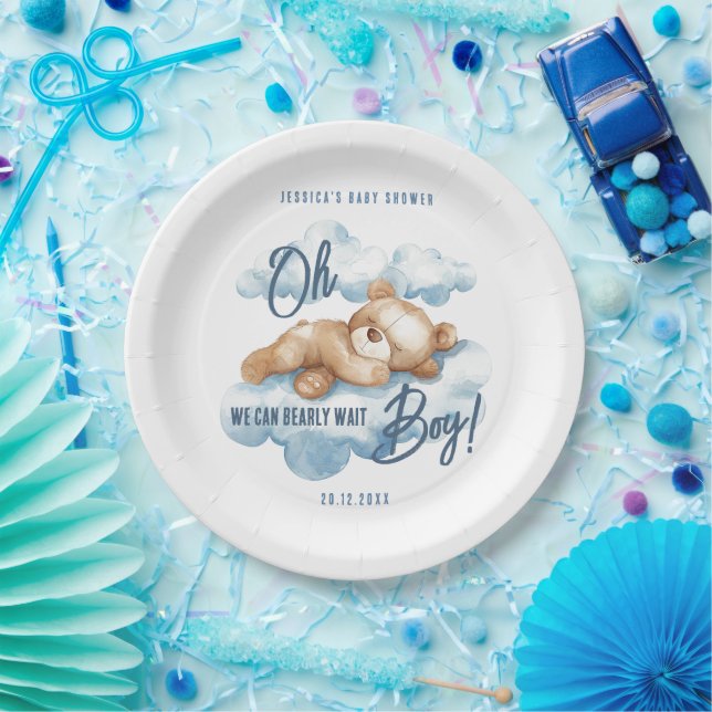 Assiettes En Carton Oh Boy Bearly Wait Bear Blue Clouds Baby Shower (Fête)