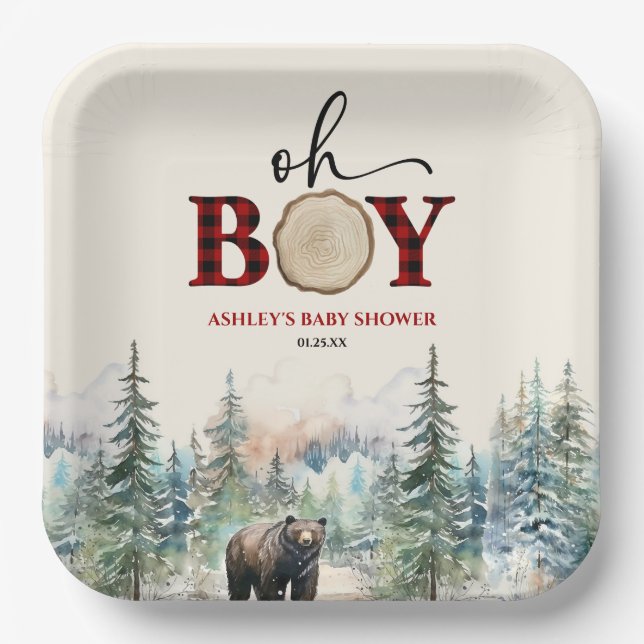 Assiettes En Carton Oh Boy Lumberjack Baby shower d'ours de forêt (Recto)