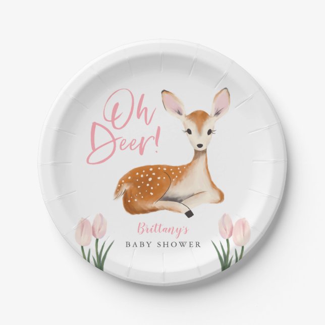Assiettes En Carton Oh Deer Baby shower de printemps rose (Devant)
