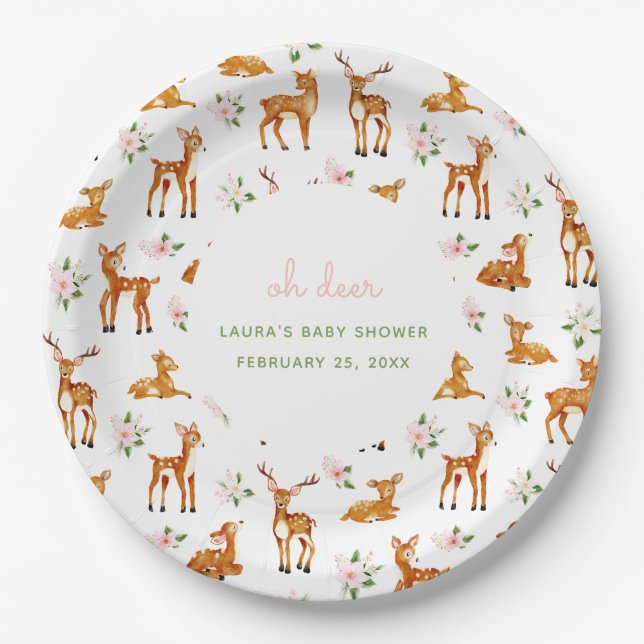 Assiettes En Carton Oh Deer Baby shower Floral (Devant)