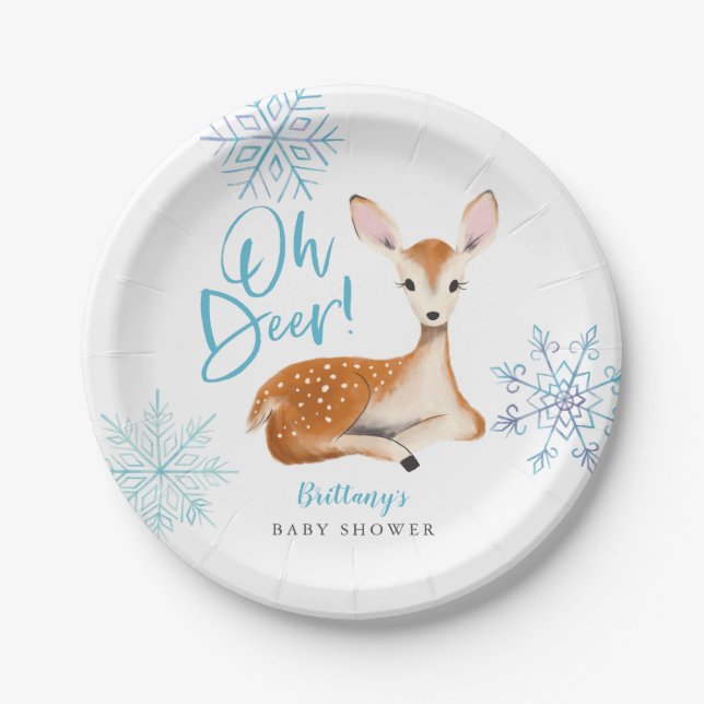 Assiettes En Carton Oh Deer Blue Winter Wonderland Baby shower (Devant)