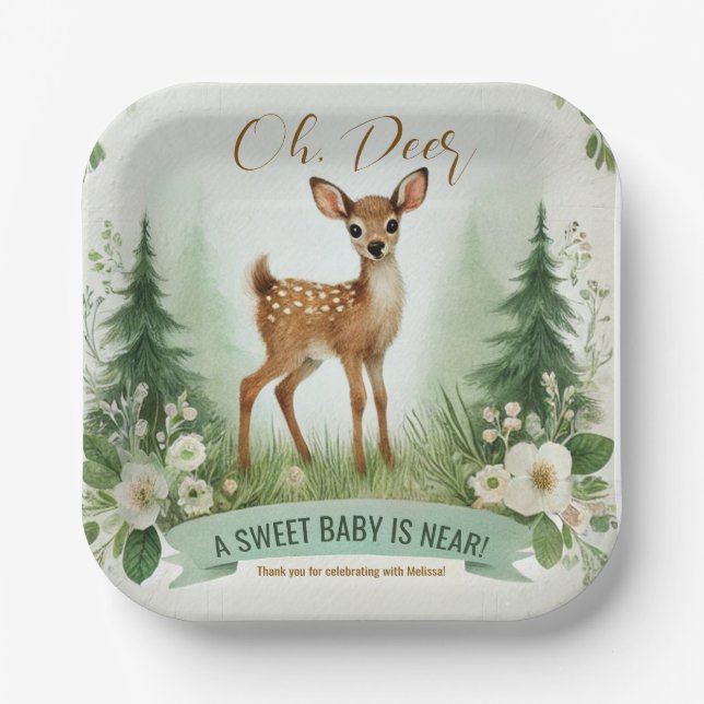 Assiettes En Carton Oh, Deer ! Fête du Baby shower Woodland (Recto)
