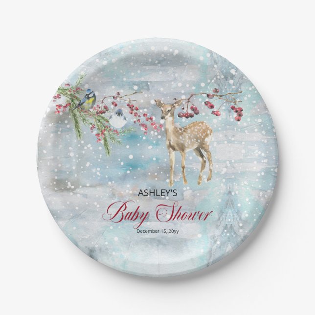 Assiettes En Carton Oh Deer Woodland Animaux Winter Boy Baby shower (Devant)