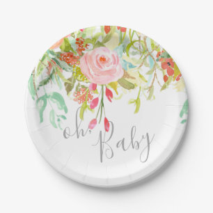 Assiettes En Carton oh événement gris rose floral de partie de douche