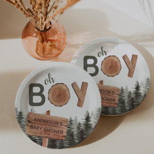 Assiettes En Carton Oh garçon - Aquarelle Bois Baby shower rustique 