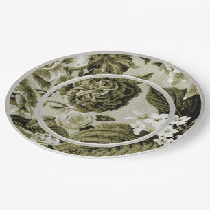 Assiettes En Carton OIive Toile floral vert No.1