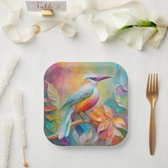 Assiettes En Carton Oiseau à poitrine rouge à bec rose (Mariage)