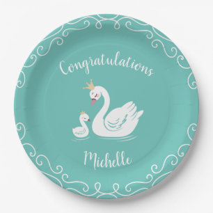 Assiettes En Carton Oiseau Baby shower cygne avec thème Couronne Turqu