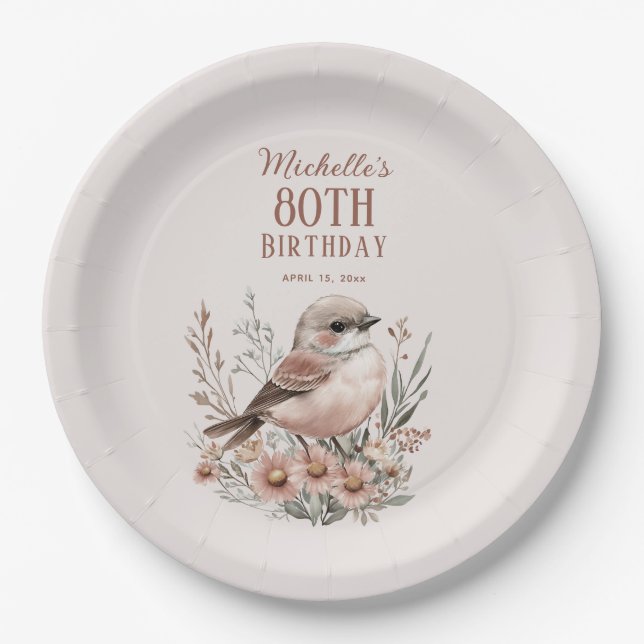 Assiettes En Carton Oiseau Brown 80e anniversaire (Devant)