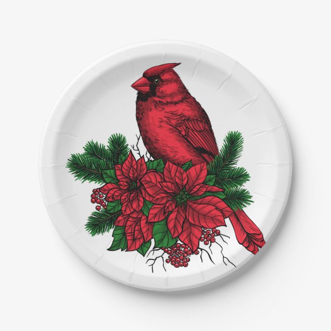 Assiettes En Carton Oiseau cardinal, illustration de Noël (Devant)