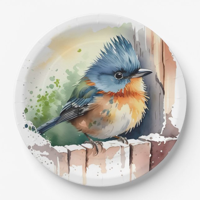 Assiettes En Carton Oiseau D'Aquarelle Sur Une clôture (Devant)