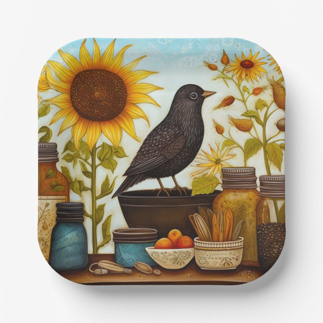 Assiettes En Carton Oiseau De Tournesol D'Automne Sur La Table De Cuis (Recto)