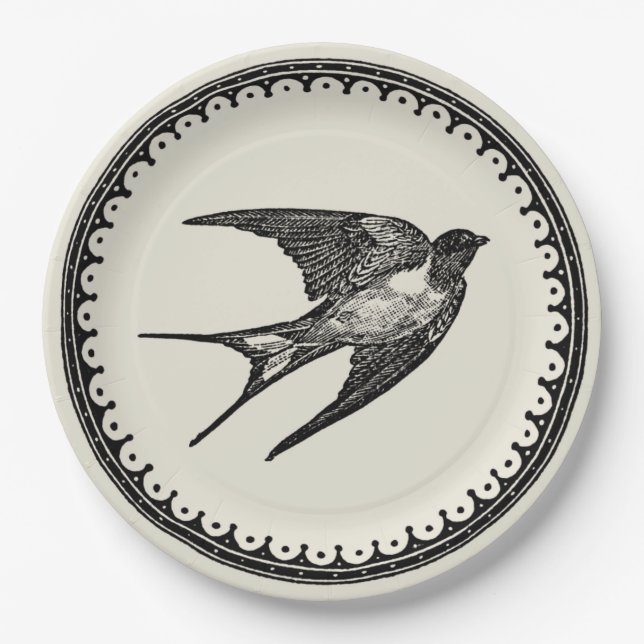 Assiettes En Carton Oiseau d'hirondelle d'antiquité de vol sur (Devant)
