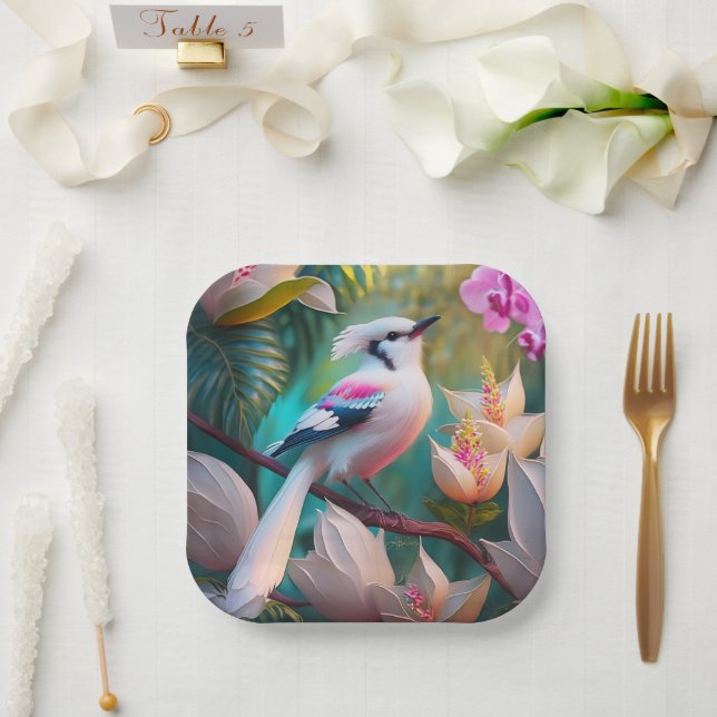 Assiettes En Carton Oiseau d'Imaginaire tacheté blanc crêpé (Mariage)