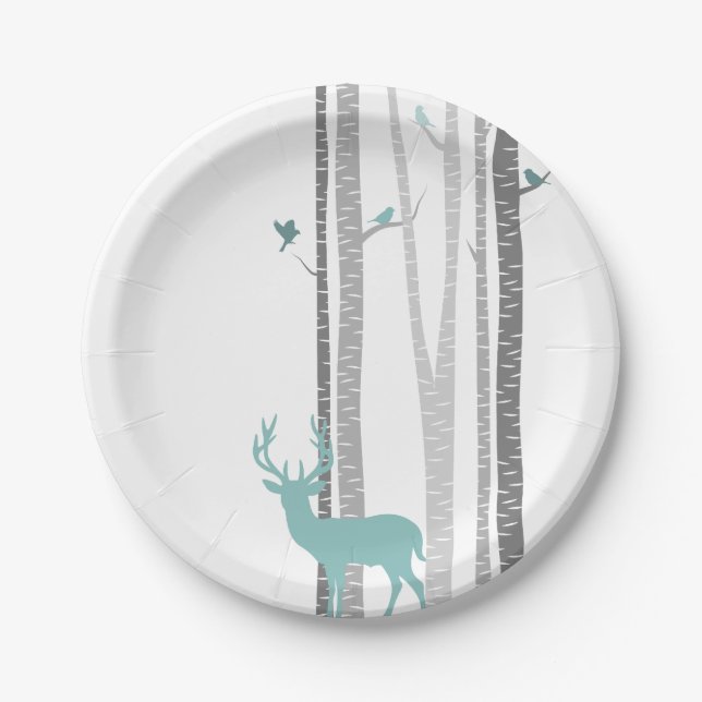 Assiettes En Carton Oiseaux blancs avec cerfs et oiseaux (Devant)