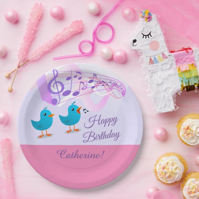 Assiettes En Carton Oiseaux chantant Joyeux Anniversaire Fille rose no (Fête)