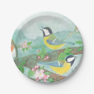 Assiettes En Carton Oiseaux chantant sur une branche d'arbre en fleurs