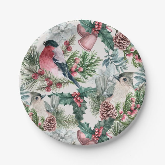 Assiettes En Carton Oiseaux de Noël et pins floraux (Devant)