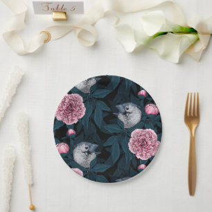 Assiettes En Carton Oiseaux et fleurs de pivoines roses avec feuille
