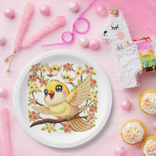 Assiettes En Carton Oiseaux mignons et heureux parmi les fleurs du pri