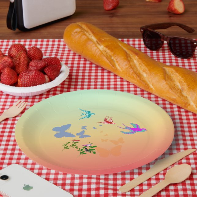 Assiettes En Carton Oiseaux Papillons Fleurs dans la nature (Pique-nique)