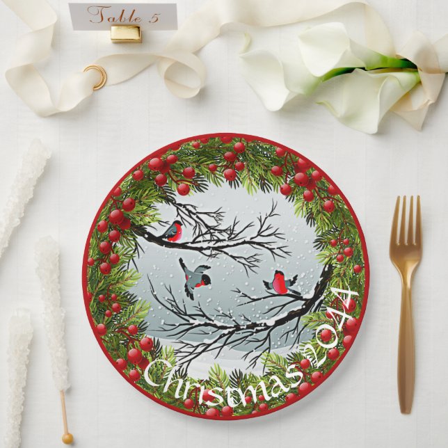 Assiettes En Carton Oiseaux Personnalisés En Aiguilles À Pins De Neige (Mariage)