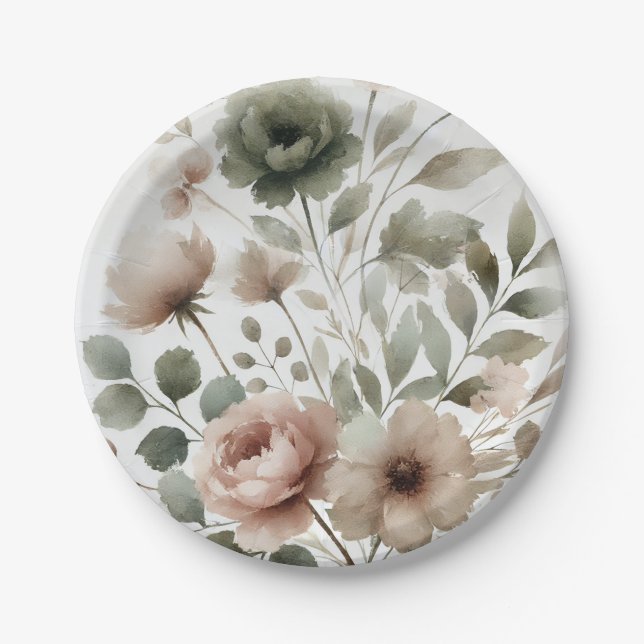 Assiettes En Carton Olive et Mariage floral rose pâle (Devant)