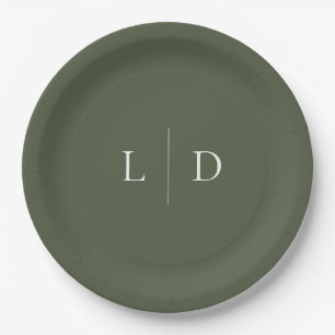 Assiettes En Carton Olive Green Élégant minimaliste Monogramme Mariage