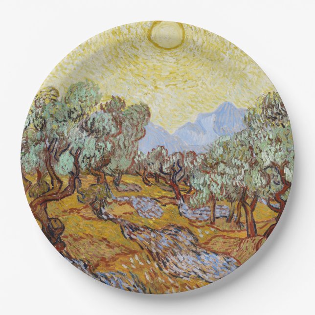Assiettes En Carton Oliviers au ciel et au soleil jaunes (Devant)